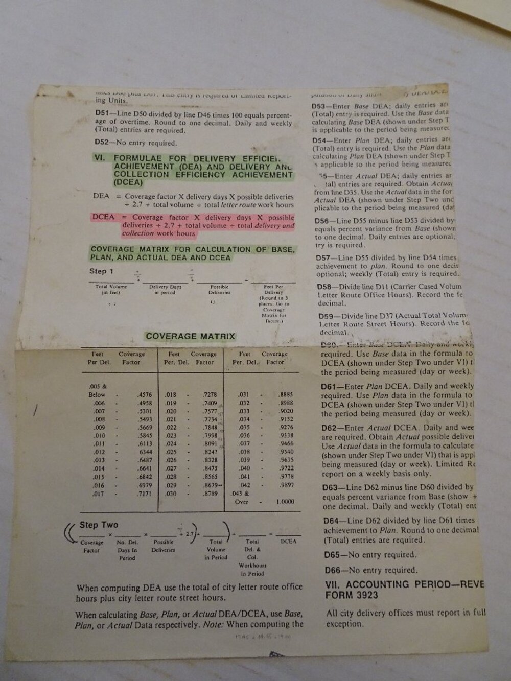 USPS Efficiency Formula Sheet - Vintage - Detailed Formula - 1 sheet of paper